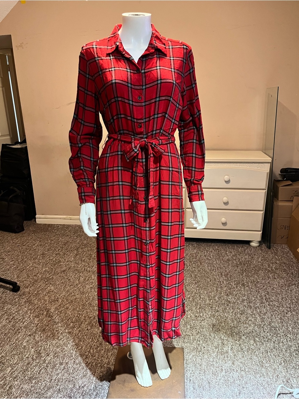 Joe Fresh Red Plaid Long-Sleeve Button-Front Midi Dress